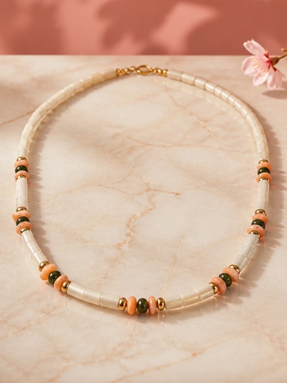 Vintage coral, Jade and Mother of pearlCream Necklace